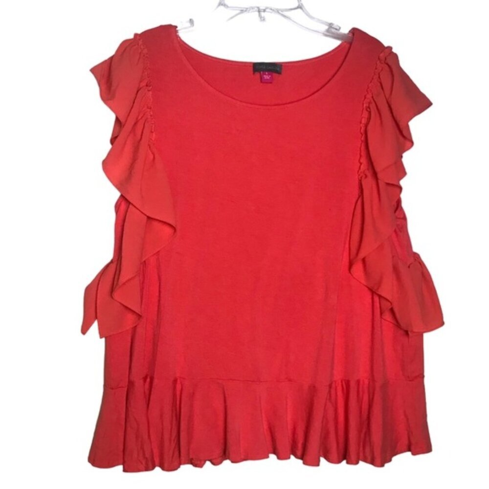 Vince Camuto Butterfly Flutter Sleeves Top Ruffle Fairy Red Tee Shirt Stretch L